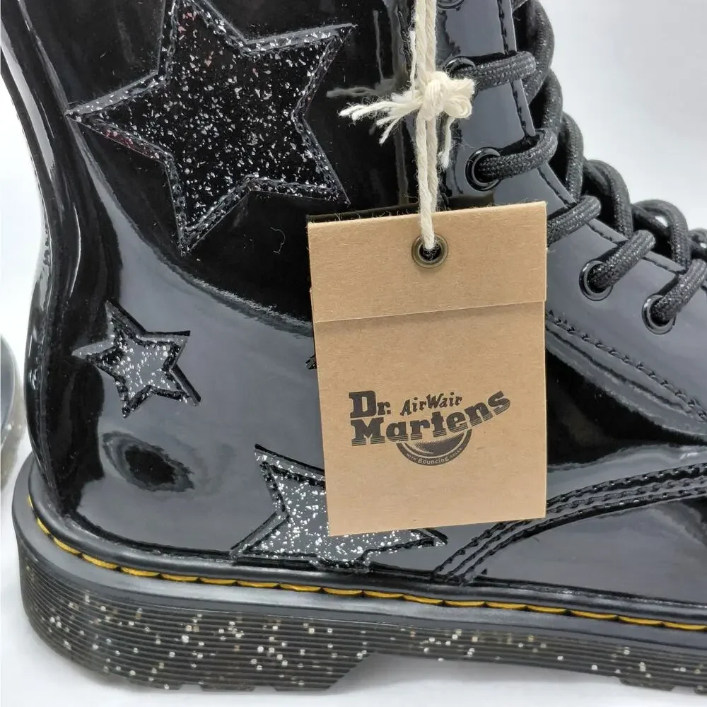 Dr Martens 1460 Girls Size 6 Youth Black Patent Glitter Star Combat Boots School
